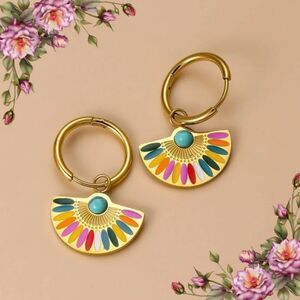 Toppiercing fake Turquoise stainless‎ steel Fan-shaped Drop Earrings